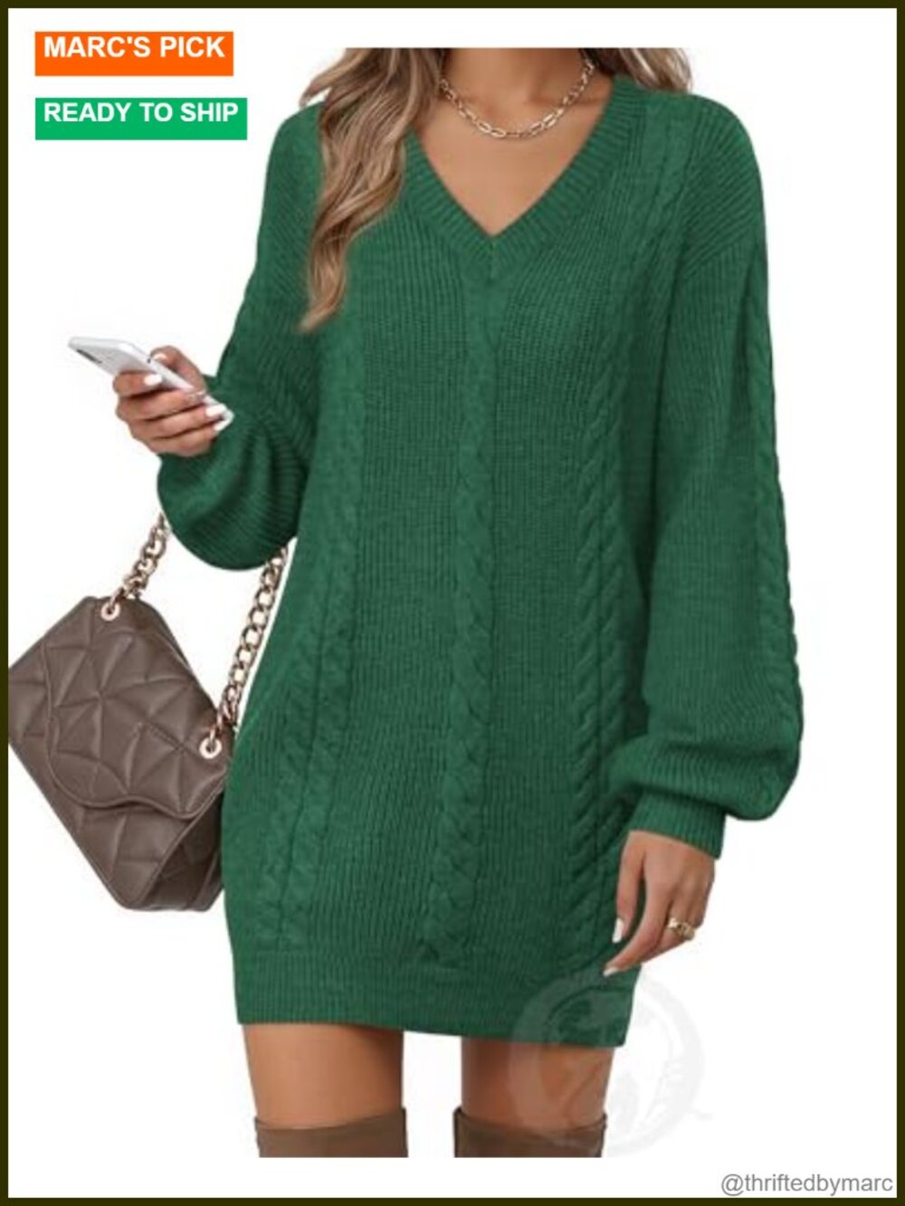 V Neck Lantern Sleeve Knit Mini Sweater Dress